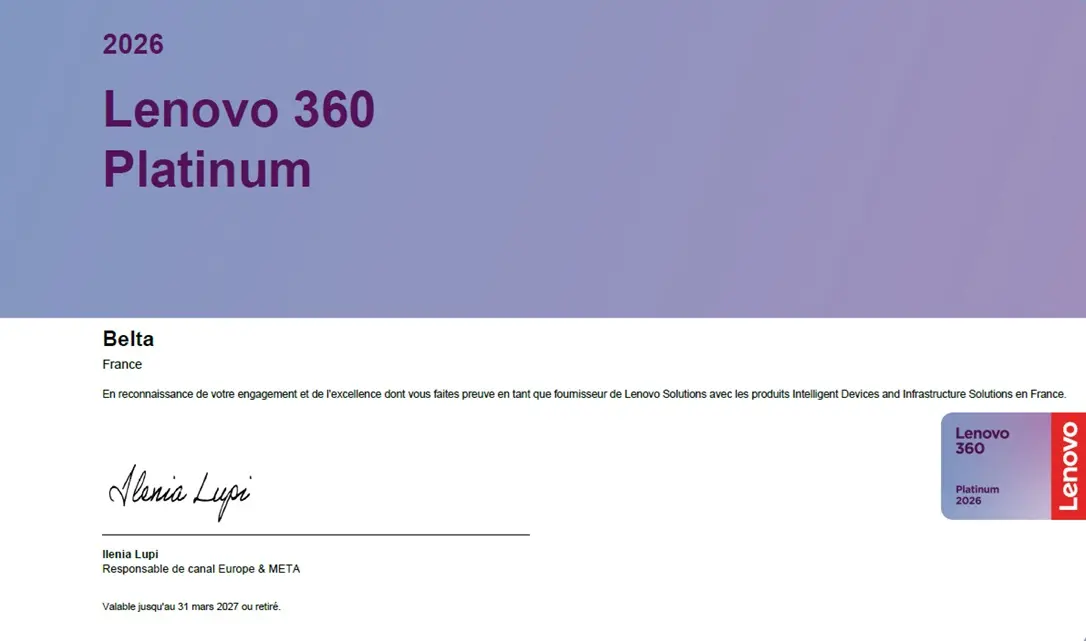 Certificat Lenovo 360 Platinum - BELTA
